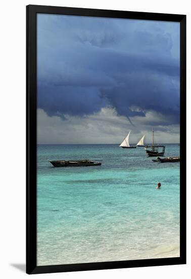 Tanzania, Zanzibar, Nungwi, Traditional Sailing Boat with Storm-Anthony Asael-Framed Premium Photographic Print