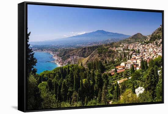 Taormina and Mount Etna Volcano Seen from Teatro Greco (Greek Theatre)-Matthew Williams-Ellis-Framed Stretched Canvas