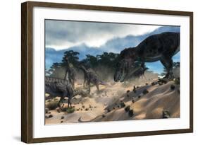 Tarbosaurus Surprising a Herd of Saurolophus Dinosaurs-Stocktrek Images-Framed Art Print