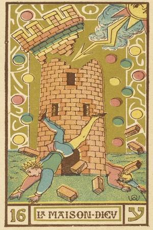 The Tower tarot card from the Tarot de Marseille, depicting a tower struck by lightning with two figures falling.