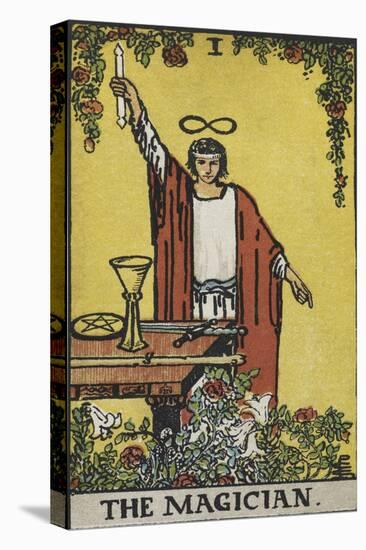 Tarot Card With a Magician Holding an Object Wearing a Red Robe, Before a Table With a Sword-Arthur Edward Waite-Stretched Canvas