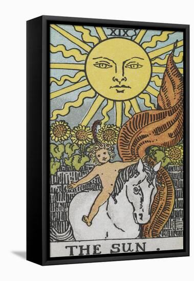 Tarot Card With a Young Child Riding a White Horse With Large Sunflowers and Sun Behind-Arthur Edward Waite-Framed Stretched Canvas