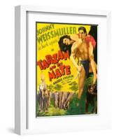 TARZAN AND HIS MATE, from left: Maureen O'Sullivan, Johnny Weissmuller, 1934.-null-Framed Art Print