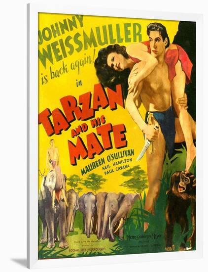 TARZAN AND HIS MATE, from left: Maureen O'Sullivan, Johnny Weissmuller, 1934.-null-Framed Art Print