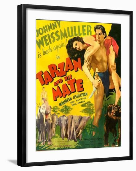 TARZAN AND HIS MATE, from left: Maureen O'Sullivan, Johnny Weissmuller, 1934.-null-Framed Art Print