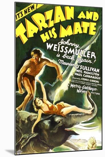 Tarzan and His Mate, Johnny Weissmuller, Maureen O'Sullivan, 1934-null-Mounted Art Print