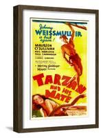 TARZAN AND HIS MATE, top: Johnny Weissmuller, bottom: Maureen O'Sullivan, 1934.-null-Framed Art Print