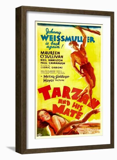 TARZAN AND HIS MATE, top: Johnny Weissmuller, bottom: Maureen O'Sullivan, 1934.-null-Framed Art Print