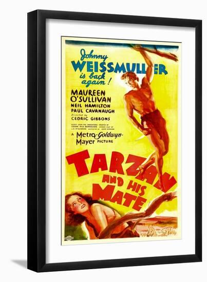 TARZAN AND HIS MATE, top: Johnny Weissmuller, bottom: Maureen O'Sullivan, 1934.-null-Framed Art Print