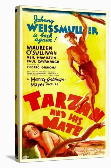 TARZAN AND HIS MATE, top: Johnny Weissmuller, bottom: Maureen O'Sullivan, 1934.-null-Stretched Canvas