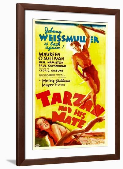 TARZAN AND HIS MATE, top: Johnny Weissmuller, bottom: Maureen O'Sullivan, 1934.-null-Framed Art Print