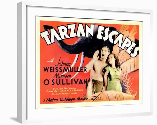 Tarzan Escapes, from Left: Johnny Weissmuller, Maureen O'Sullivan, 1936-null-Framed Art Print