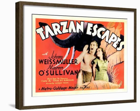 Tarzan Escapes, from Left: Johnny Weissmuller, Maureen O'Sullivan, 1936-null-Framed Art Print