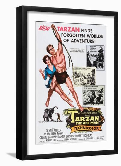 Tarzan, the Ape Man, from Left: Joanna Barnes, Denny Miller, 1959-null-Framed Art Print