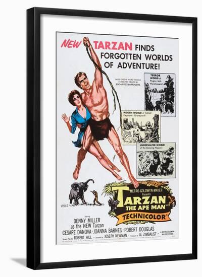 Tarzan, the Ape Man, from Left: Joanna Barnes, Denny Miller, 1959-null-Framed Art Print
