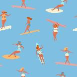 Single Fin Soul - Surfing Illustration with Longboard Balancing Surfer Girl-Tasiania-Art Print