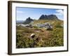 Tasmania, Peaks of Cradle Mountain and Wallaby Running Through Bush on Overland Track, Australia-Christian Kober-Framed Photographic Print