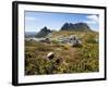 Tasmania, Peaks of Cradle Mountain and Wallaby Running Through Bush on Overland Track, Australia-Christian Kober-Framed Photographic Print