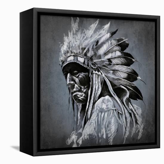 Tattoo Art, Portrait Of American Indian Head Over Dark Background-outsiderzone-Framed Stretched Canvas