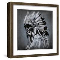 Tattoo Art, Portrait Of American Indian Head Over Dark Background-outsiderzone-Framed Art Print