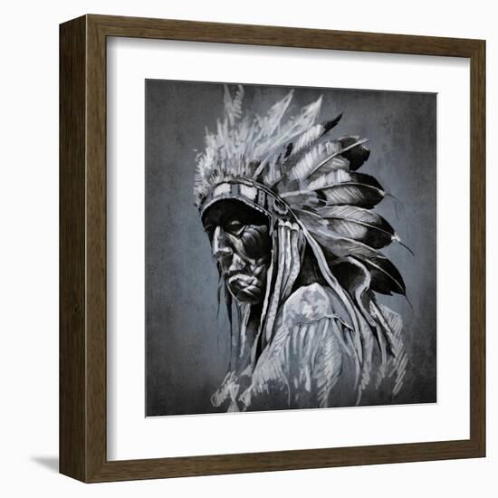 Tattoo Art, Portrait Of American Indian Head Over Dark Background-outsiderzone-Framed Art Print