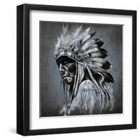 Tattoo Art, Portrait Of American Indian Head Over Dark Background-outsiderzone-Framed Art Print