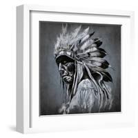 Tattoo Art, Portrait Of American Indian Head Over Dark Background-outsiderzone-Framed Art Print