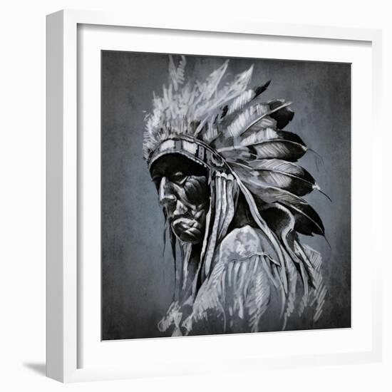 Tattoo Art, Portrait Of American Indian Head Over Dark Background-outsiderzone-Framed Art Print