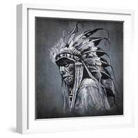 Tattoo Art, Portrait Of American Indian Head Over Dark Background-outsiderzone-Framed Art Print