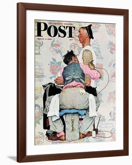 "Tattoo Artist" Saturday Evening Post Cover, March 4,1944-Norman Rockwell-Framed Giclee Print