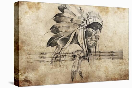 Tattoo Sketch Of American Indian Tribal Chief Warrior-outsiderzone-Stretched Canvas