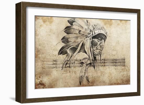 Tattoo Sketch Of American Indian Tribal Chief Warrior-outsiderzone-Framed Premium Giclee Print