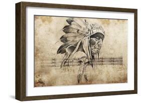 Tattoo Sketch Of American Indian Tribal Chief Warrior-outsiderzone-Framed Premium Giclee Print