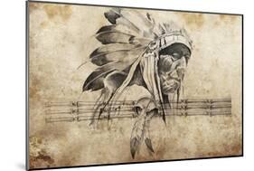Tattoo Sketch Of American Indian Tribal Chief Warrior-outsiderzone-Mounted Art Print