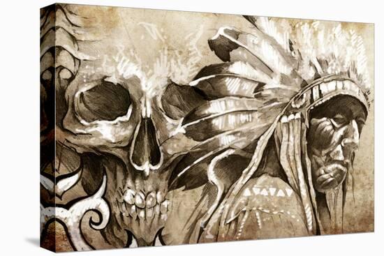 Tattoo Sketch Of American Indian Tribal Chief With Skull-outsiderzone-Stretched Canvas