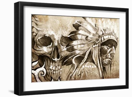 Tattoo Sketch Of American Indian Tribal Chief With Skull-outsiderzone-Framed Art Print