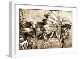 Tattoo Sketch Of American Indian Tribal Chief With Skull-outsiderzone-Framed Art Print