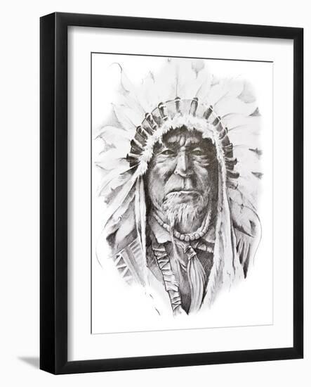 Tattoo Sketch Of Native American Indian Chief, Hand Made-outsiderzone-Framed Art Print