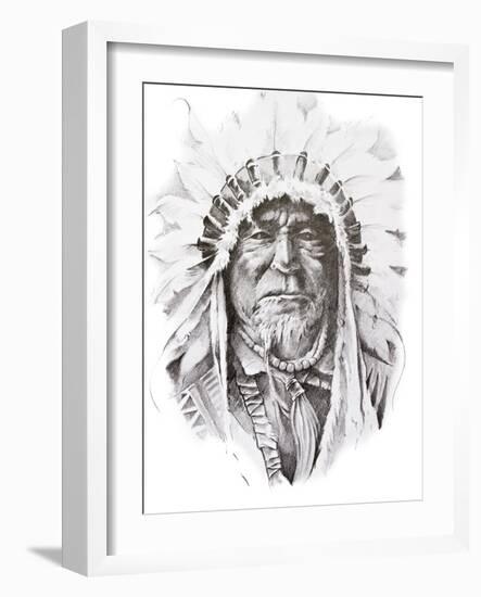 Tattoo Sketch Of Native American Indian Chief, Hand Made-outsiderzone-Framed Art Print