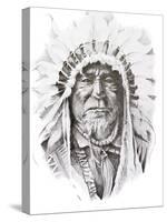 Tattoo Sketch Of Native American Indian Chief, Hand Made-outsiderzone-Stretched Canvas