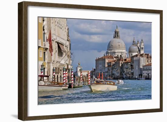 Taxi and Boat on Grand Canal with Palace Facades and Salute Church Domes-Guy Thouvenin-Framed Photographic Print