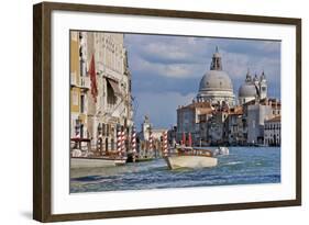 Taxi and Boat on Grand Canal with Palace Facades and Salute Church Domes-Guy Thouvenin-Framed Photographic Print