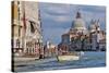 Taxi and Boat on Grand Canal with Palace Facades and Salute Church Domes-Guy Thouvenin-Stretched Canvas