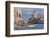 Taxi and Boat on Grand Canal with Palace Facades and Salute Church Domes-Guy Thouvenin-Framed Photographic Print