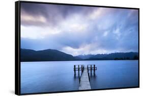 Te Anau jetty with lake and mountain in background, Southland, South Island, New Zealand-Ed Rhodes-Framed Stretched Canvas