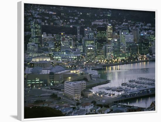 Te Papa Museum Marina and City Lights in the Evening, Wellington, North Island, New Zealand-D H Webster-Framed Photographic Print