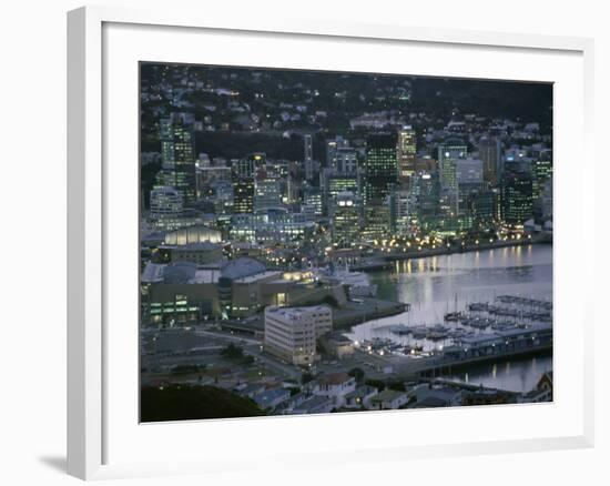 Te Papa Museum Marina and City Lights in the Evening, Wellington, North Island, New Zealand-D H Webster-Framed Photographic Print