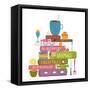 Tea Drinking Eating Pastry and Reading Books Cosy Illustration. Books Reading and Sweets Colorful T-Popmarleo-Framed Stretched Canvas