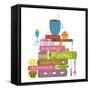 Tea Drinking Eating Pastry and Reading Books Cosy Illustration. Books Reading and Sweets Colorful T-Popmarleo-Framed Stretched Canvas