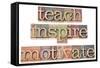 Teach, Inspire, Motivate - A Collage Of Isolated Words In Vintage Letterpress Wood Type-PixelsAway-Framed Stretched Canvas